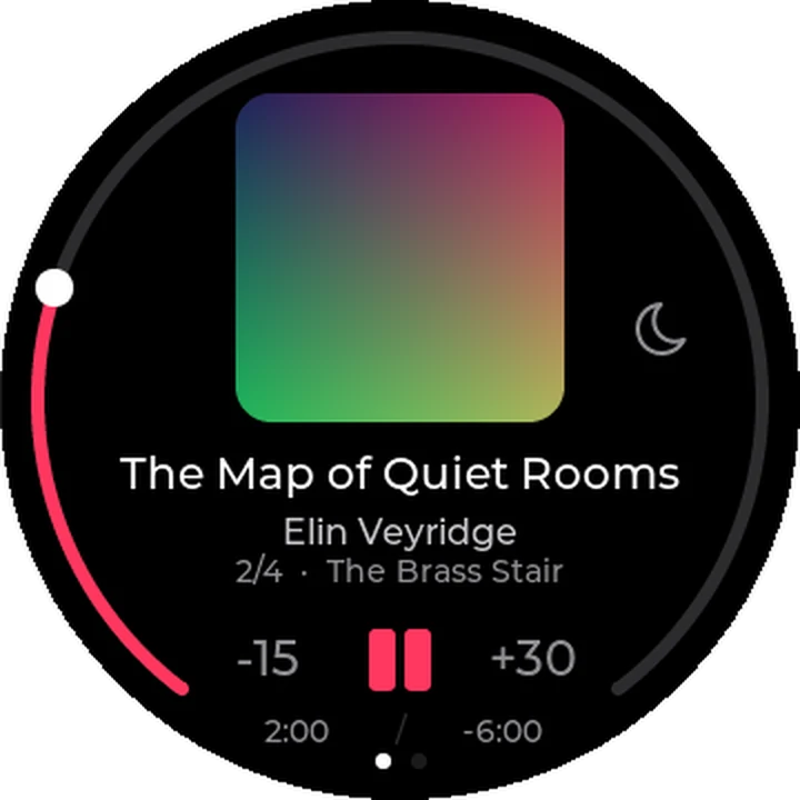 An audiobook playing, with buttons to skip back 15 seconds and forward 30