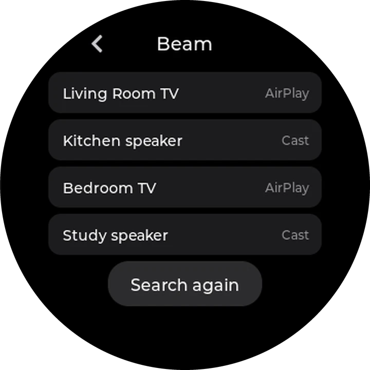 The Beam picker listing a Cast speaker and an AirPlay TV, each tagged with its type