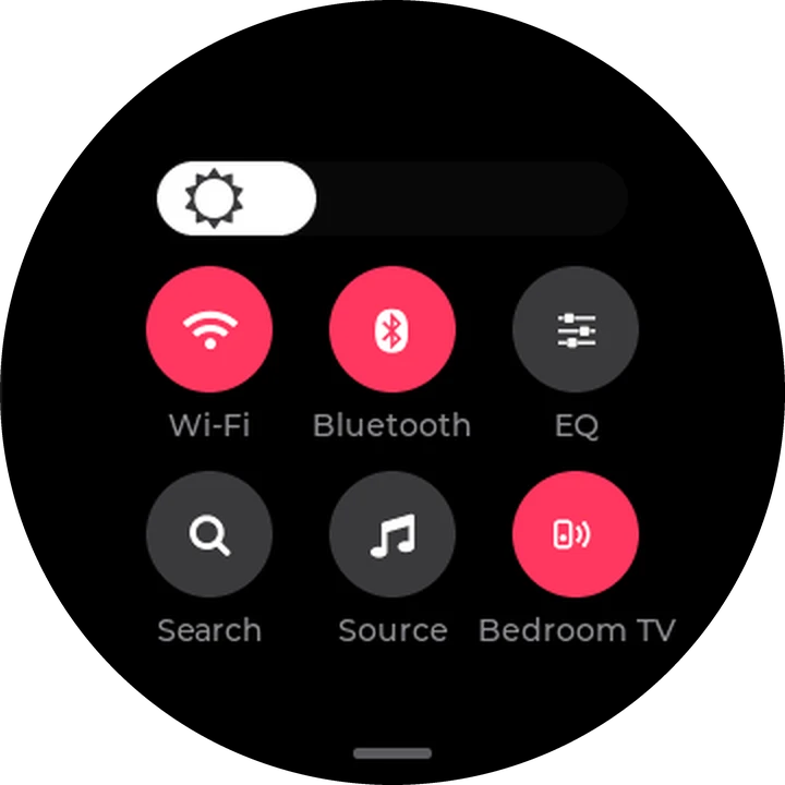 Quick Settings with Wi-Fi, Bluetooth, EQ, Search and Source tiles, and a lit Beam tile showing Bedroom TV