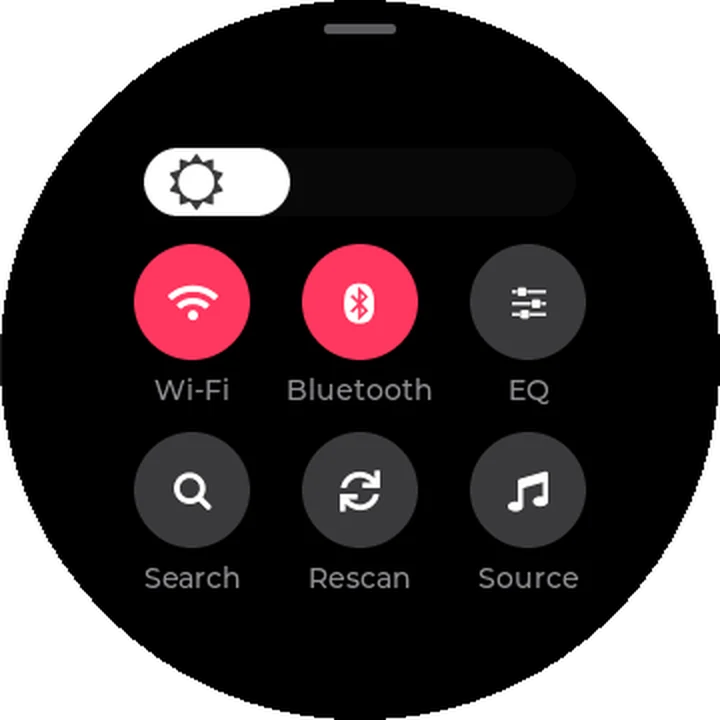 Quick Settings with Wi-Fi, Bluetooth, EQ, Search, Rescan and Source tiles
